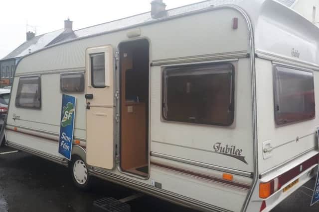 The caravan Sinn Fein MLA Colum Eastwood used for a clinic in Moy, Co Tyrone on Saturday after permission was withdrawn to use the parochial hall.