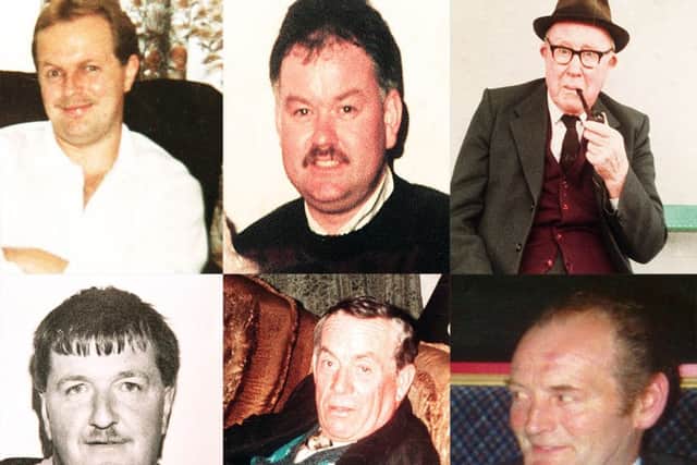 Victims of the 1994 Loughinisland massacre at The Heights bar. 

Top L-R: Patsy O'Hare, Adrian Rogan and Barney Green
.
Bottom L-R: Eamonn Byrne, Dan McGreanor and Malcolm Jenkinson. Image: Pacemaker Belfast