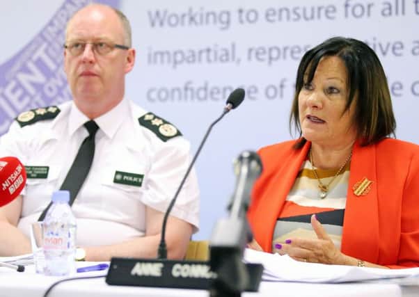 Policing Board chairwoman Anne Connolly with George Hamilton at a Policing Board seminar in May 2017