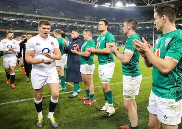 Ireland and England players applaud each other after the 2019 Six Nations Championship Round 1, at Aviva Stadium, Dublin on February 2. Robin Bury writes: "For years, Southern Irish rugby supporters back nations that play against England." Picture ©INPHO/Billy Stickland