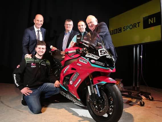 Peter Johnston, Director, BBC Northern Ireland with BBC Sport NIs Stephen Watson, NW200 Event Director Mervyn Whyte and riders Alastair Seeley and Adam McLean.