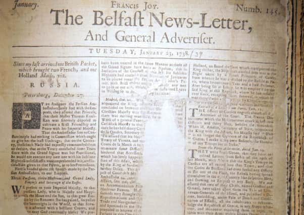 Front page of the January 23 1738 Belfast News Letter. The edition is in bad condition, with sections missing. The paper is equivalent to February 3 1739 in the modern calendar