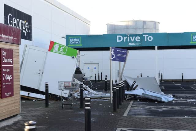 The theft of the two cash machines from the Asda store in Antrim caused considerable damage. Pic by Arthur Allison/Pacemaker Press