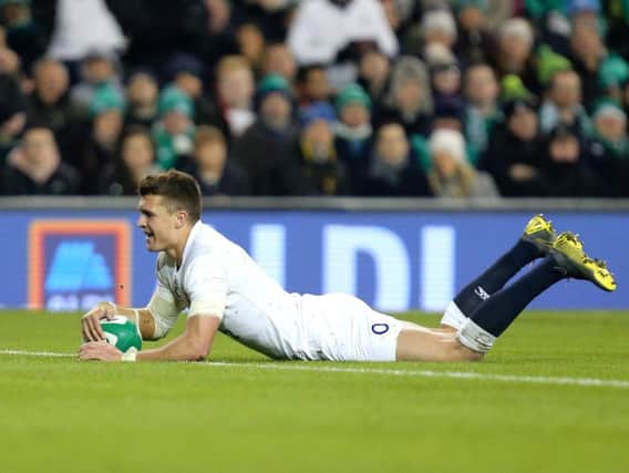Henry Slade scores a try for England in the win over England