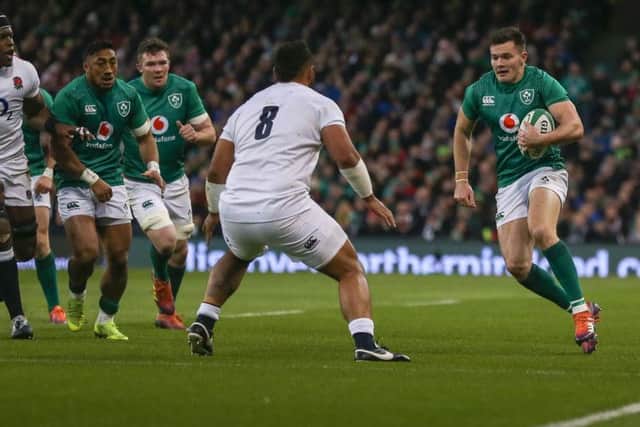Ireland's Jacob Stockdale on the attack against England