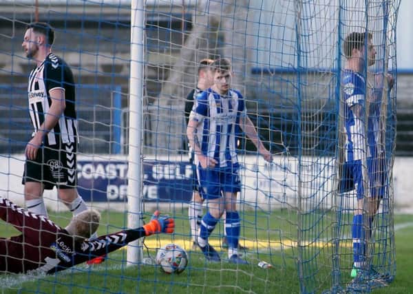 James McLaughlin enjoys finding the net for Coleraine in Saturdays Irish Cup sixth-round success. Pic by INPHO.