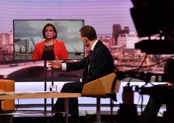 Mary Lou McDonald being interviewed by Andrew Marr on the BBC1 current affairs programme, The Andrew Marr Show