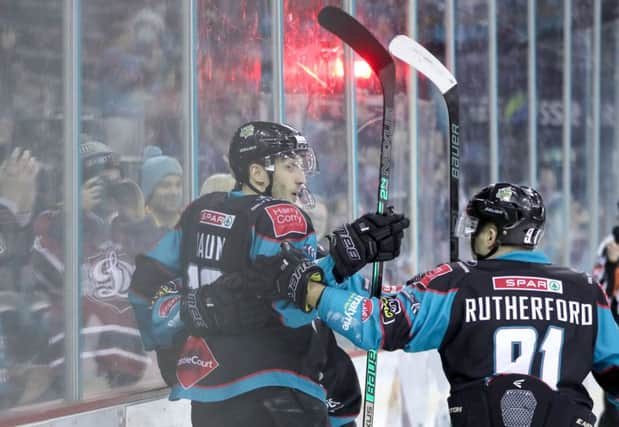 Belfast Giants' Kyle Baun celebrates scoring against Nottingham Panthers during Sunday nights Elite Ice Hockey League game at the SSE Arena, Belfast.   Photo by William Cherry/Presseye