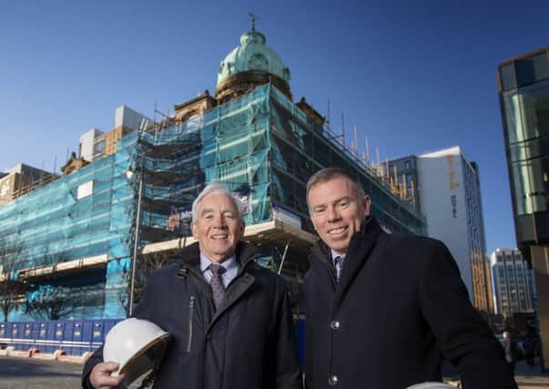 Seamus McAleer, chair of McAleer & Rushe, joins Colin Mounstephen from Deloitte to launch its third Belfast Crane Survey tracking construction activity in the city. Deloittes new Belfast headquarters will be in McAleer & Rushes Bedford Square development, incorporating the Ewart building, and due for completion in 2021