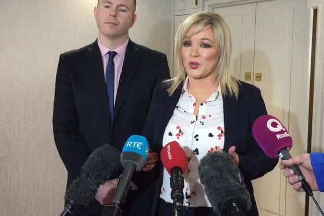 Sinn Fein Vice President Michelle ONeill with party colleague Chris Hazzard speaking to the media in the Europa Hotel, Belfast after meeting shadow Brexit secretary Sir Keir Starmer.