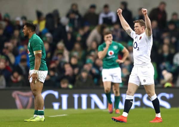 England's Chris Ashton celebrates at the final whistle after beating Ireland in the Six Nations in Dublin on February 2. Photo: ©INPHO/James Crombie