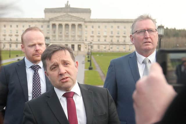 UUP leader Robin Swann (centre) and some of his party colleagues pictured entering Stormont House to meet with the Prime Minister. 
Picture by Jonathan Porter/PressEye