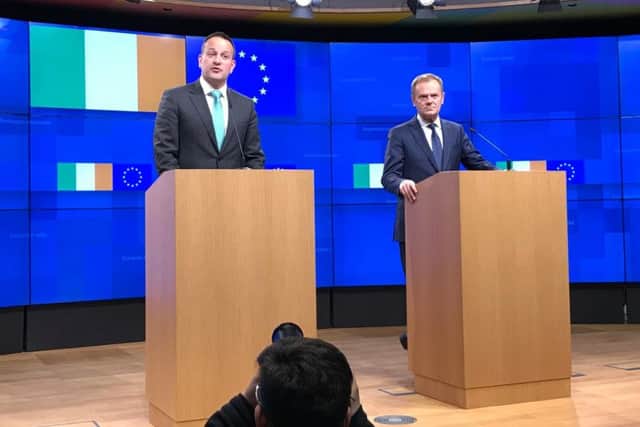 Taoiseach Leo Varadkar with President of the European Council Donald Tusk during a press conference at the European Parliament in Brussels following their meeting to discuss Brexit no-deal contingency plans. PRESS ASSOCIATION Photo