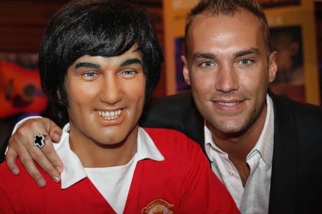 Calum Best with a waxwork of his late father George Best