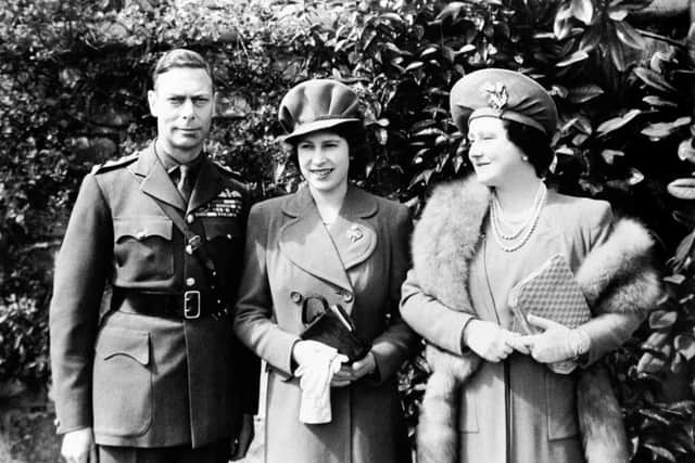 Queen Elizabeth (later the Queen Mother) and King George VI with their daughter Princess Elizabeth (later Queen Elizabeth II), who will shortly celebrate her 18th birthday.