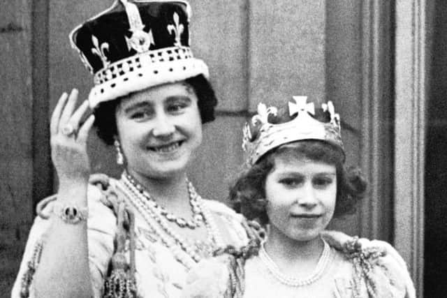 Queen Elizabeth (the Queen Mother) is with her eldest daughter Princess Elizabeth (the Queen) on the balcony of Buckingham Palace, after the coronation of King George VI.