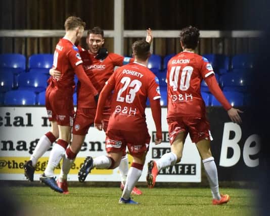 Stephen Lowry celebrates his goal against Dungannon Swifts.  Credit © Inpho/Stephen Hamilton