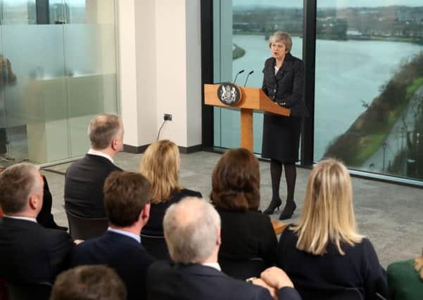 Prime Minister Theresa May delivers a speech at Allstate in Belfast on Tuesday February 5, 2019. In questions from the media afterwards, she sidestepped a question about Britain having failed to challenge the Irish narrative on the threat to the 1998 Belfast Agreement.  Photo: LIAM MCBURNEY/AFP/Getty Images