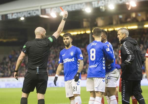 Rangers Alfredo Morelos (second right, obscured) is sent off  against Aberdeen