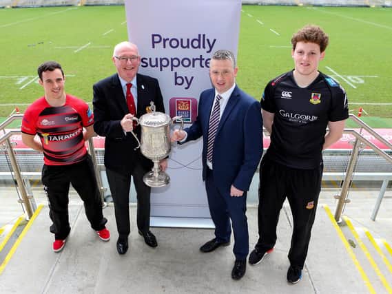 City of Armagh's Harry Doyle and Ballymena's Matthew Norris ahead of Friday's First Trust Ulster Senior Cup final with Ulster Branch president, Stephen Elliott and First Trust's James Beattie