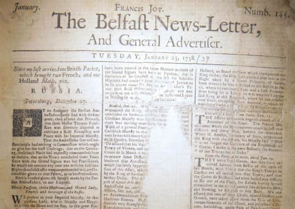 Front page January 23 1738 Belfast News Letter. The edition is in bad condition, which sections missing. The paper is equivalent to February 3 2019 in the modern calendar