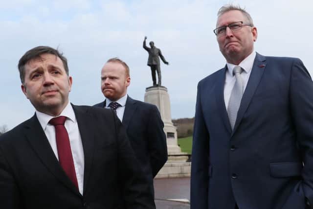 Ulster Unionist Party (UUP) leader Robin Swann (left) and his party colleagues John Stewart (centre) and Doug Beattie arrive at Stormont for talks with Prime Minister Theresa May on Wednesday February 6, 2019. They raised the legacy of the Troubles with her. Photo: Brian Lawless/PA Wire