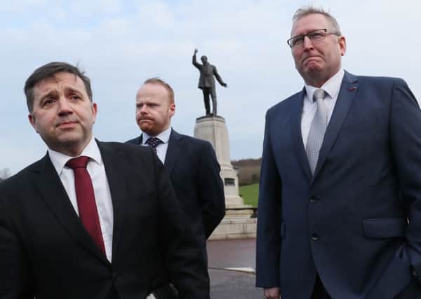 Ulster Unionist Party (UUP) leader Robin Swann (left) and his party colleagues John Stewart (centre) and Doug Beattie arrive at Stormont for talks with Prime Minister Theresa May on  Wednesday February 6, 2019. They raised the legacy of the Troubles with her. Photo: Brian Lawless/PA Wire