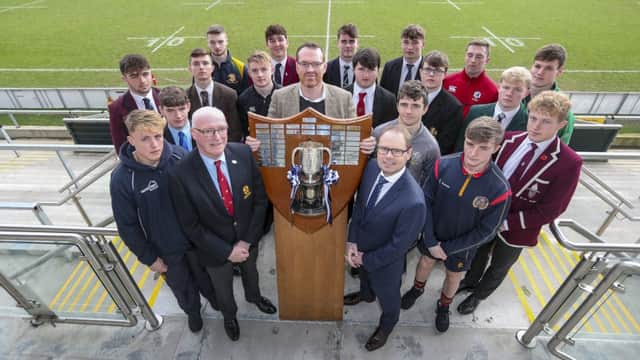 Ulster Branch President Stephen Elliott (left) Jonny Petrie Ulster Rugby CEO and Richard Caldwell representing sponsors Danske Bank with the school captains after the draw for the 4th round of the Ulster Schools Cup held at Kingspan Stadium
