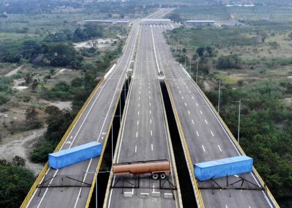 The Tienditas Bridge on the border of Colombia and Venezuela, after Venezuelan forces blocked it ahead of an aid shipment earlier this month