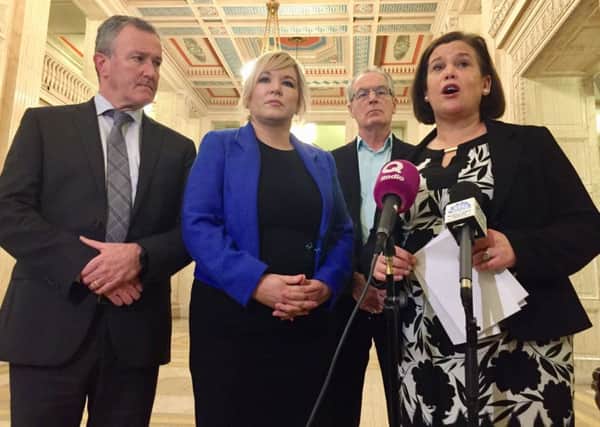 Sinn Fein delegation: (left to right) Conor Murphy, Michelle O'Neill, Gerry Kelly and Mary Lou McDonald at Stormont after powersharing talks on Friday. Ms McDonald called the talks a "sham". Photo: David Young/PA Wire