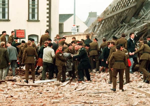 The aftermath of the IRA Enniskillen Poppy Day massacre. "The relatives have successfully challenged the misinformation concerning the events of November 8 1987"