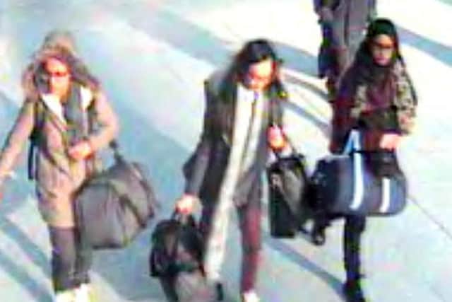 A still taken from CCTV issued by the Metropolitan Police of (left to right) 15-year-old Amira Abase, Kadiza Sultana, 16, and Shamima Begum before catching a flight to Turkey in 2015 to join the Islamic State group, Shamima Begum is now heavily pregnant and wants to come home. (Photo: Metropolitan Police/PA)