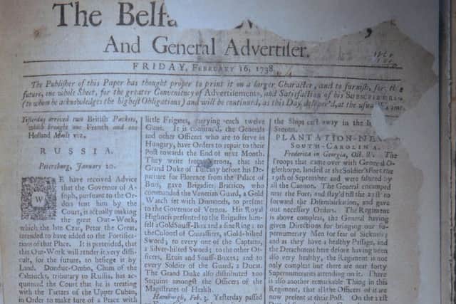 Belfast News Letter February 16 1738 (February 27 1739 in the modern calendar). The paper is ripped at points. This is the earliest surviving paper after the title went up from one sheet to two (from two sides of news to four)