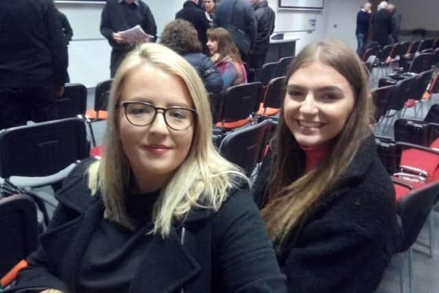 Ulster Unionist members Hannah Niblock and Katie Armstrong after Mary Lou McDonald, president of Sinn Fein, spoke at a civic unionist event at the Peter Froggatt at Queen's University, Belfast on Monday February 18 2019. Pic by Ben Lowry