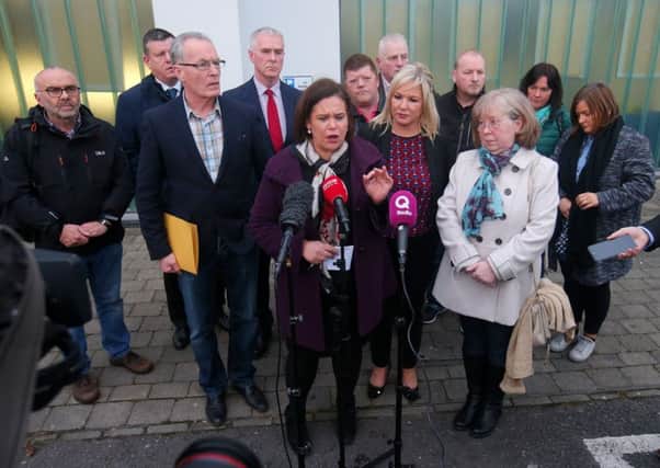 Sinn Fein leader Mary Lou McDonald at Shaftesbury Recreational Centre in the lower Ormeau area of south Belfast after meeting families of Troubles legacy killings