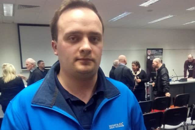 Ulster Unionist member Stuart Huges from Lisburn in the Peter Froggatt at Queen's University, Belfast, after Mary Lou McDonald TD, president of Sinn Fein, spoke at a civic unionist event at on Monday. Ms McDonald can be seen in the background to the picture. February 18 2019
