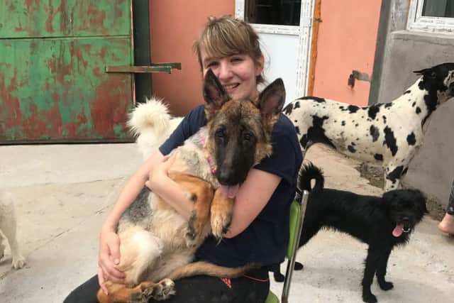 Gabby Gardiner with Elsa, a German shepherd rescued from a barbecue restaurant in China.
