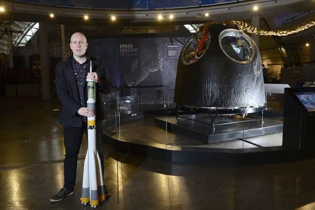 News Letter journalist Graeme Cousins at the launch of the exhibition of Tim Peake's Spacecraft at the Ulster Transport Museum. 
Picture: Pacemaker Press.