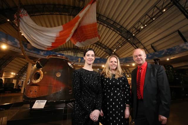 Pictured (L-R) at the launch of the exhibition of Tim Peakes Spacecraft at the Ulster Transport Museum are Dr Norah Patten, aeronautical engineer and Science-Astronaut candidate; Hannah Crowdy, Head of Curatorial at National Museums NI; and Doug Millard, Space Curator, Science Museum Group.