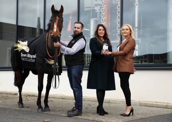 Marking a major three-year partnership deal between Down Royal Racecourse and Shortcross Gin are (from left) David and Fiona Boyd-Armstrong, Founders of Shortcross Gin, Emma Meehan, Chief Executive of Down Royal Racecourse, along with racehorse Killultagh Getaway North owned by Fiona's mother, Rose Boyd and George Creighton.