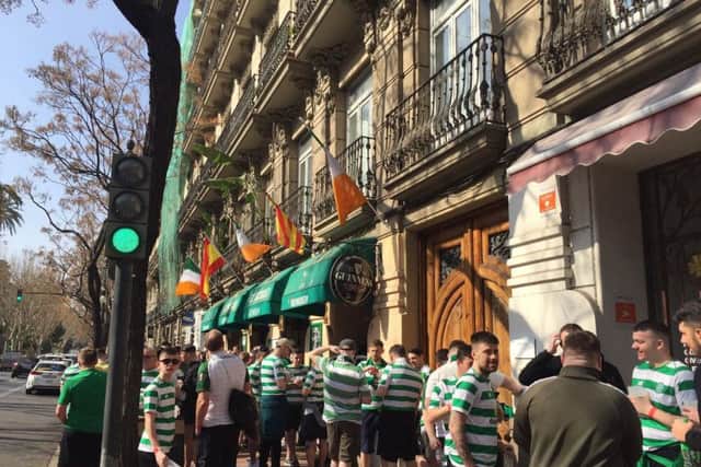 Celtic supporters outside St Patrick's bar in Valencia, Spain, where fans have claimed that they were hurt after being attacked with batons, riot shields and rubber bullets by police ahead of the club's Europa League game against the Spanish team Valencia on Wednesday.