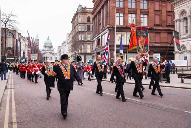 Orange Order brethren taking part in last year's parade in memory of murdered UDR men Frederick Starrett and James Cummings. Pic by Graham Curry