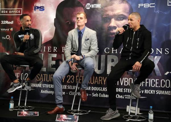 (From left to right) James DeGale, promoter Richard Poxon and Chris Eubank Jr during the press conference at Intercontinental at The O2
