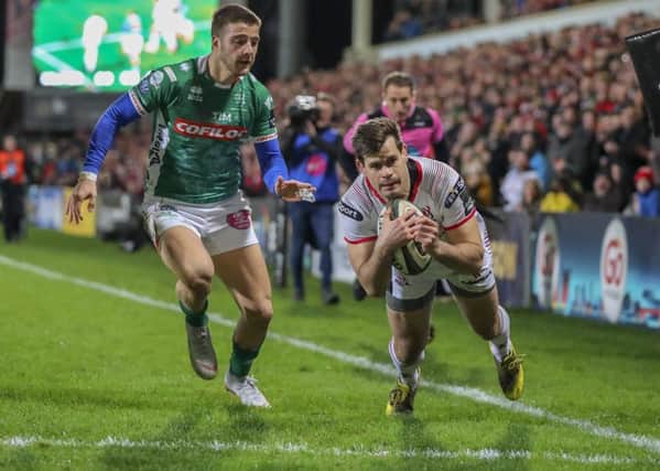 Louis Ludik scores the opening try during the Guinness PRO14 League clash against  Benetton