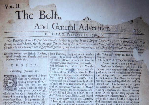 The front page of the Belfast News Letter of February 16 1738 (February 27 1739 in the modern calendar)