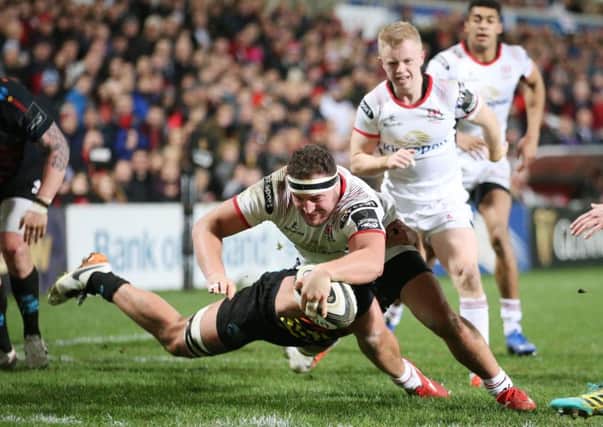 Ulster Rob Herring scores one of his three tries against Zebre