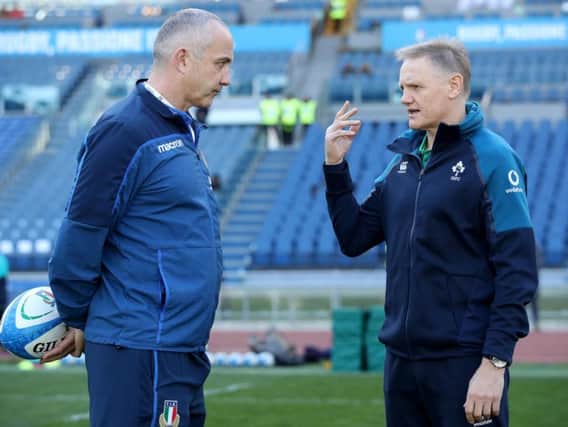 Ireland coach Joe Schmidt with Italy coach Conor O'Shea before the game in Rome