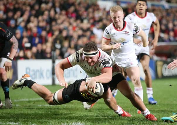 Ulster Rob Herring scores his second  try against   Zebre      during Saturday's Guinness PRO14 match at Kingspan.
Picture by Brian Little