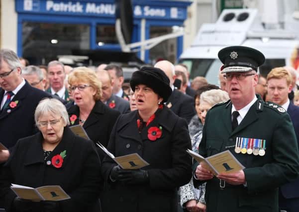 Rosemary Barton, MLA, front left, and Arlene Foster, MLA, centre, and chief constable George Hamilton are among the congregation at the Rembrance service in Enniskillen in 2017, on the 30th anniversary of the 1987 Poppy Day massacre