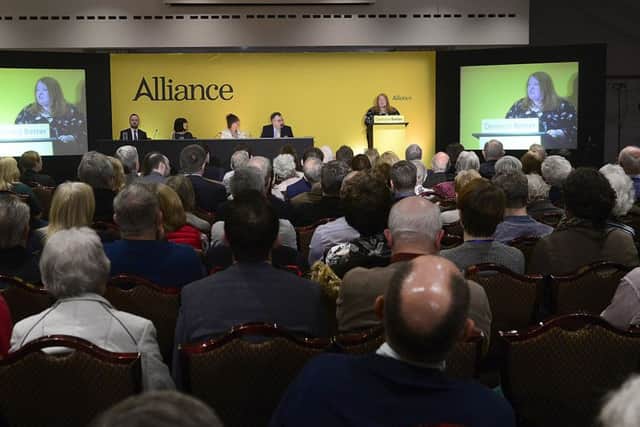 Alliance leader Naomi Long gives her leaders address at the party conference on Saturday